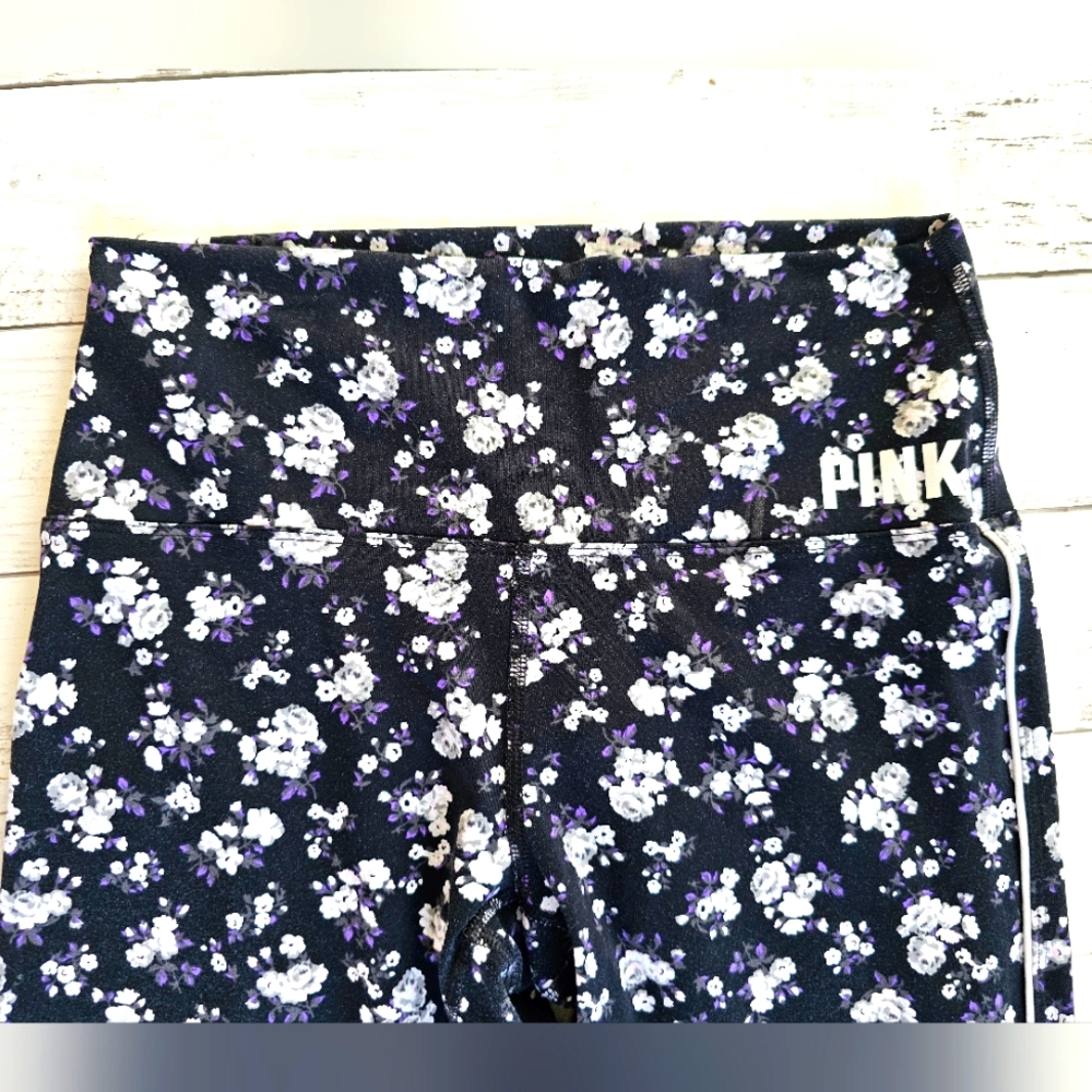 Victoria's Secret PINK ULTIMATE Black Purple Floral Leggings White Stripe Size M - Picture 4 of 7